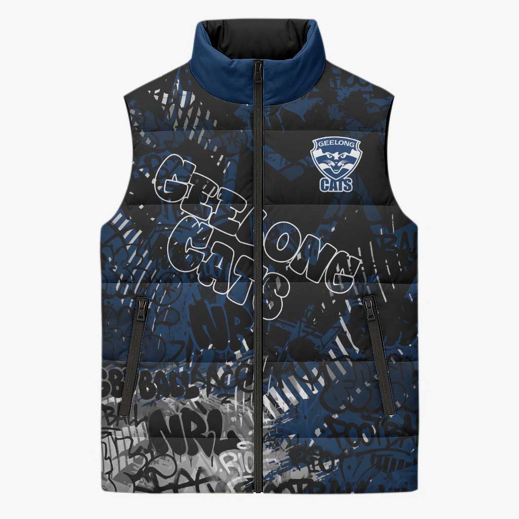Geelong Cats Sleeveless Puffer Jacket Urban Graffiti Street Art - Bold Abstract Spray Paint