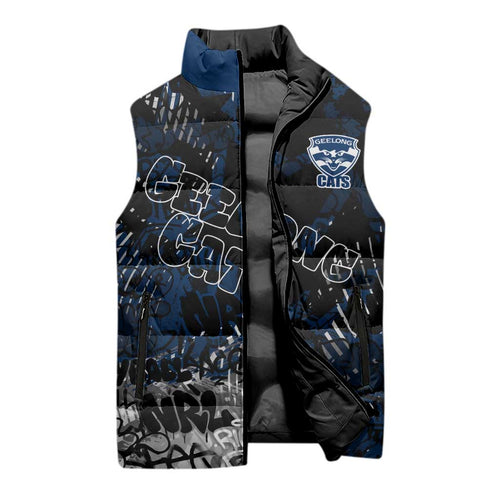 Geelong Cats Sleeveless Puffer Jacket Urban Graffiti Street Art - Bold Abstract Spray Paint