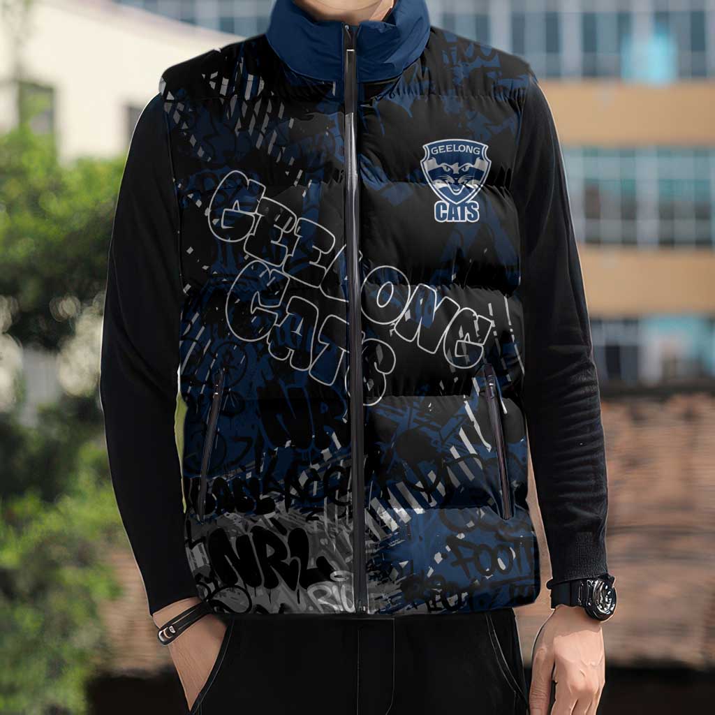 Geelong Cats Sleeveless Puffer Jacket Urban Graffiti Street Art - Bold Abstract Spray Paint