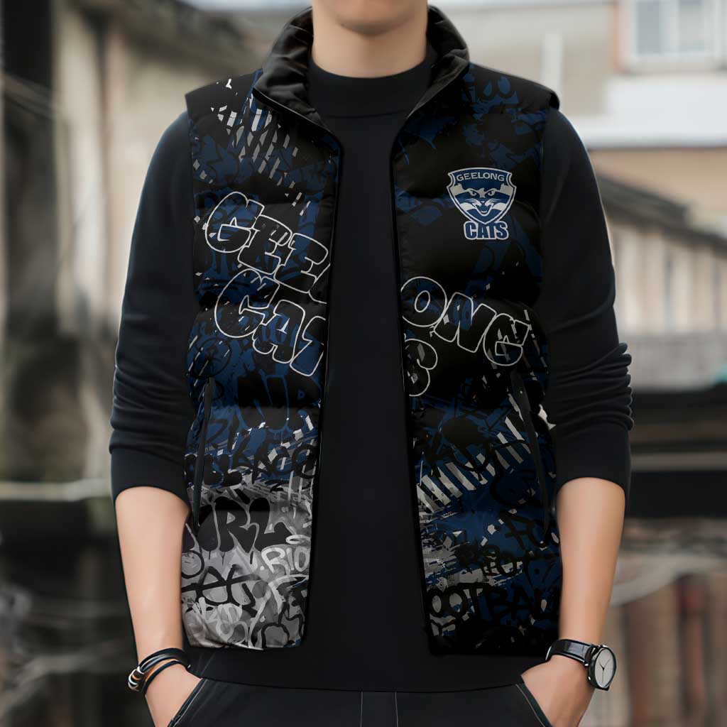 Geelong Cats Sleeveless Puffer Jacket Urban Graffiti Street Art - Bold Abstract Spray Paint