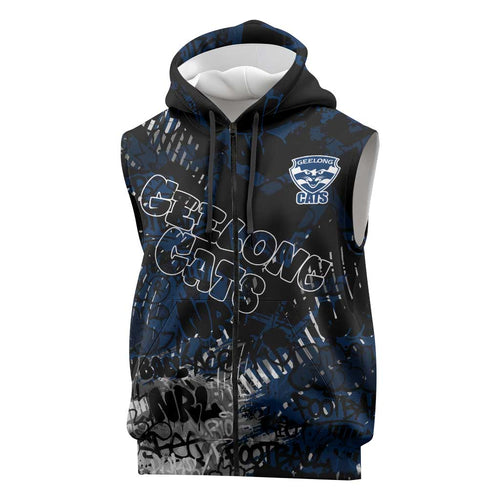 Geelong Cats Sleeveless Zip Hoodie Urban Graffiti Street Art - Bold Abstract Spray Paint