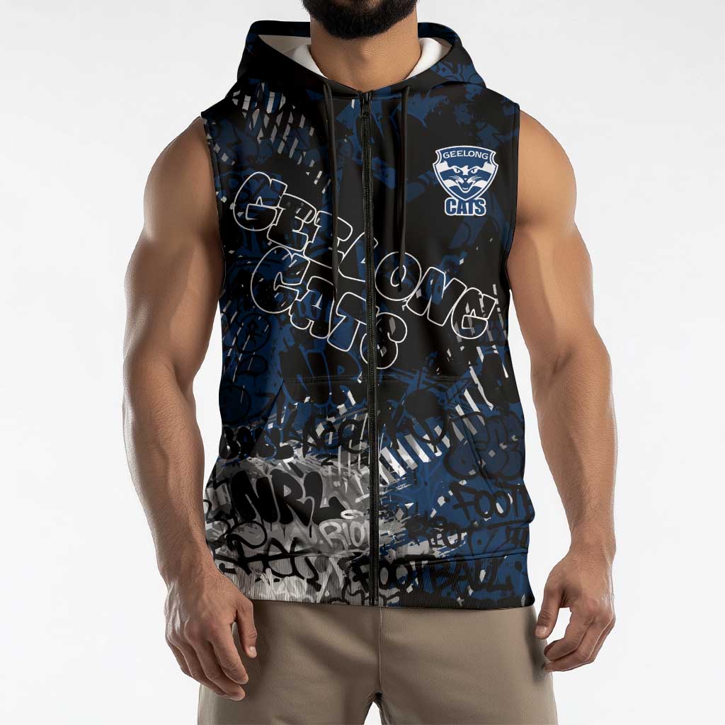 Geelong Cats Sleeveless Zip Hoodie Urban Graffiti Street Art - Bold Abstract Spray Paint