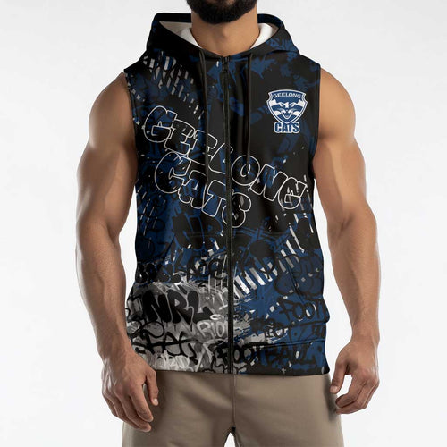 Geelong Cats Sleeveless Zip Hoodie Urban Graffiti Street Art - Bold Abstract Spray Paint