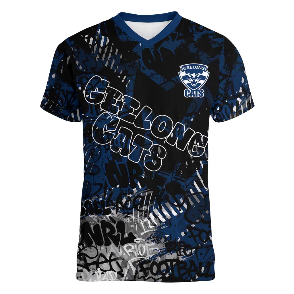 Geelong Cats Women V-Neck T-Shirt Urban Graffiti Street Art - Bold Abstract Spray Paint