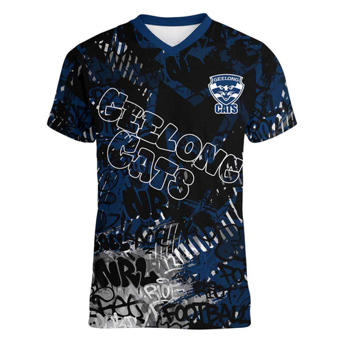 Geelong Cats Women V-Neck T-Shirt Urban Graffiti Street Art - Bold Abstract Spray Paint