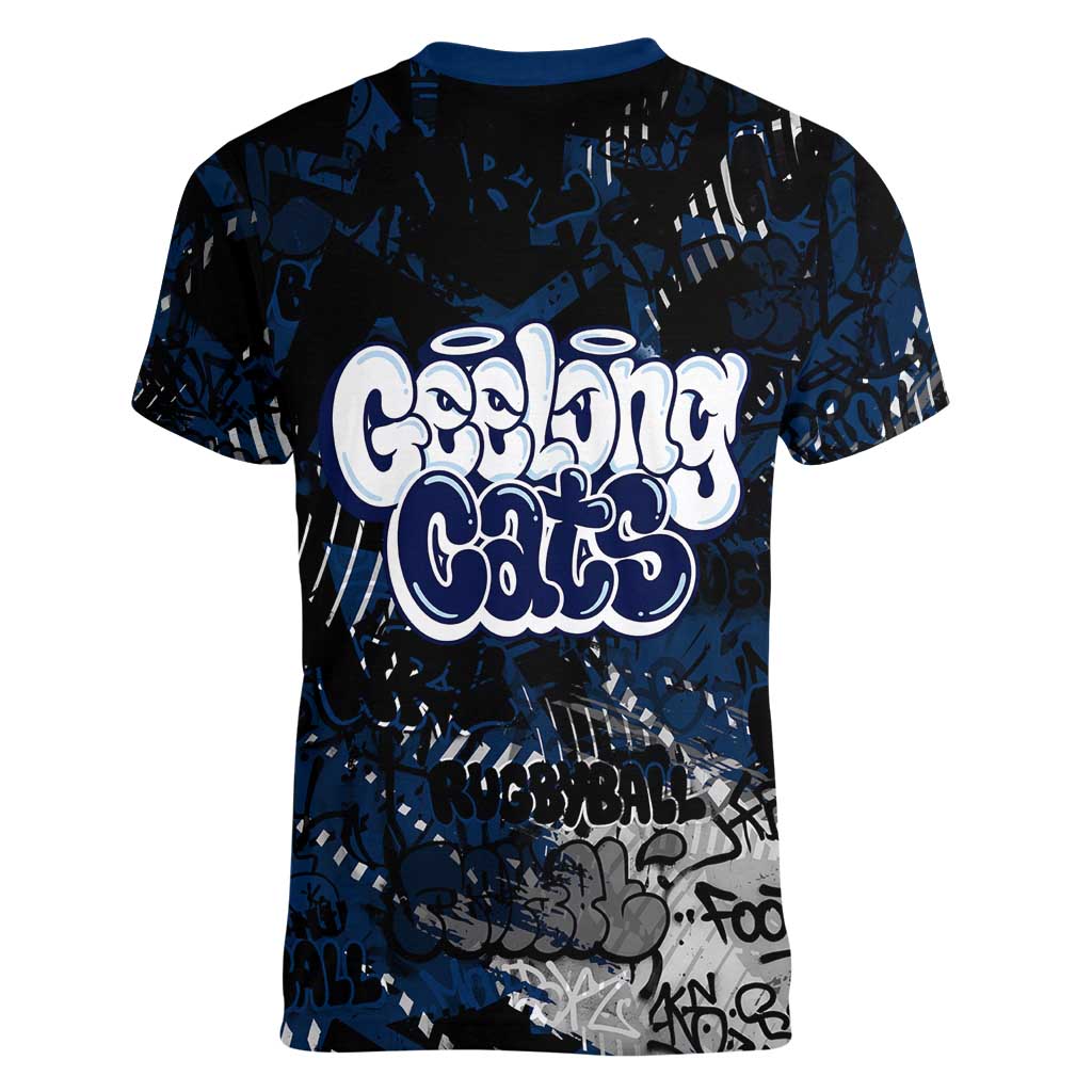 Geelong Cats Women V-Neck T-Shirt Urban Graffiti Street Art - Bold Abstract Spray Paint