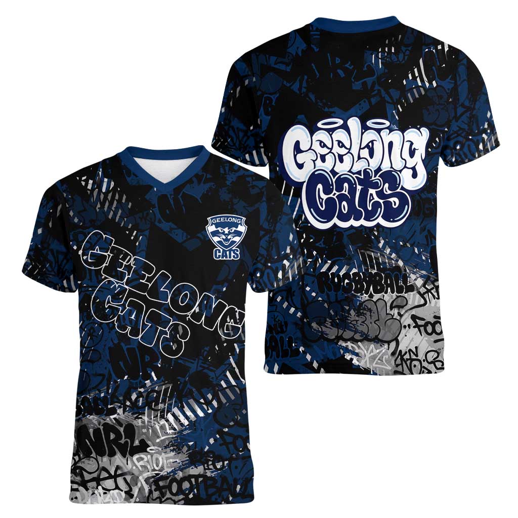 Geelong Cats Women V-Neck T-Shirt Urban Graffiti Street Art - Bold Abstract Spray Paint