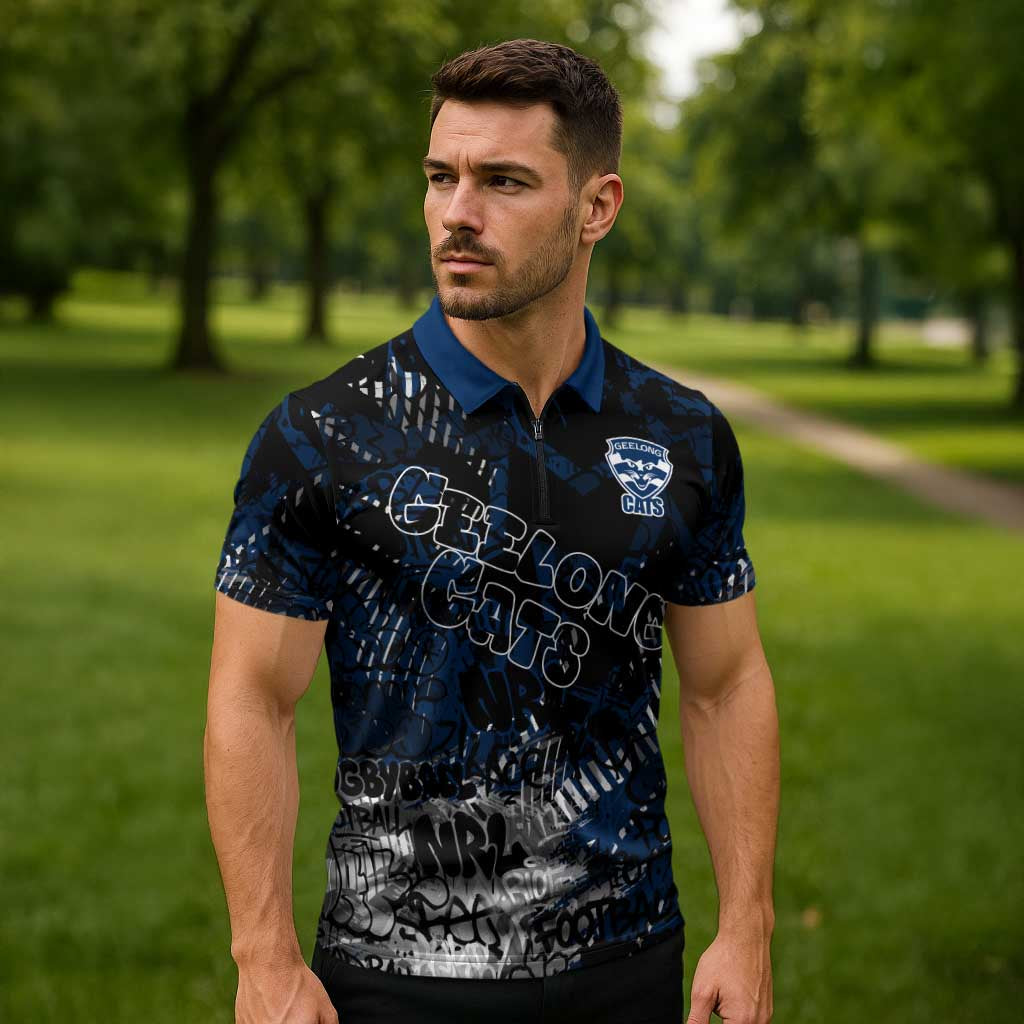 Geelong Cats Zipper Polo Shirt Urban Graffiti Street Art - Bold Abstract Spray Paint