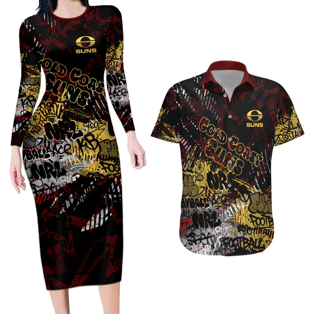 Gold Coast Suns Couples Matching Long Sleeve Bodycon Dress and Hawaiian Shirt Urban Graffiti Street Art - Bold Abstract Spray Paint