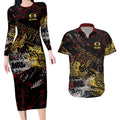 Gold Coast Suns Couples Matching Long Sleeve Bodycon Dress and Hawaiian Shirt Urban Graffiti Street Art - Bold Abstract Spray Paint
