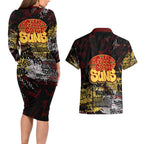Gold Coast Suns Couples Matching Long Sleeve Bodycon Dress and Hawaiian Shirt Urban Graffiti Street Art - Bold Abstract Spray Paint