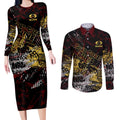 Gold Coast Suns Couples Matching Long Sleeve Bodycon Dress and Long Sleeve Button Shirt Urban Graffiti Street Art - Bold Abstract Spray Paint