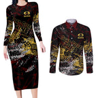 Gold Coast Suns Couples Matching Long Sleeve Bodycon Dress and Long Sleeve Button Shirt Urban Graffiti Street Art - Bold Abstract Spray Paint