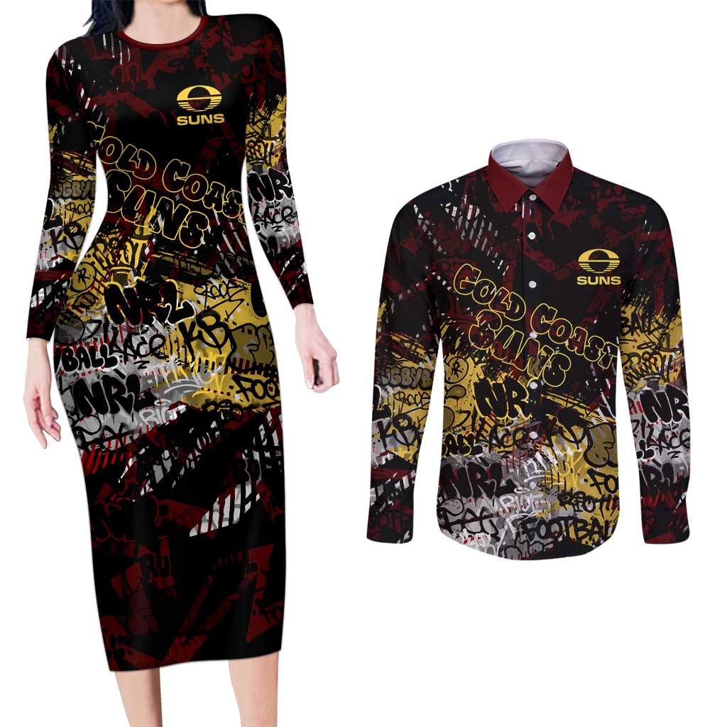 Gold Coast Suns Couples Matching Long Sleeve Bodycon Dress and Long Sleeve Button Shirt Urban Graffiti Street Art - Bold Abstract Spray Paint
