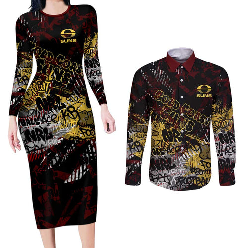 Gold Coast Suns Couples Matching Long Sleeve Bodycon Dress and Long Sleeve Button Shirt Urban Graffiti Street Art - Bold Abstract Spray Paint