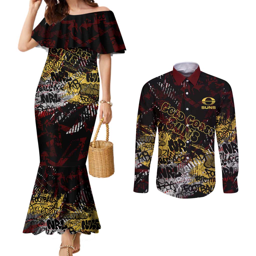Gold Coast Suns Couples Matching Mermaid Dress and Long Sleeve Button Shirt Urban Graffiti Street Art - Bold Abstract Spray Paint