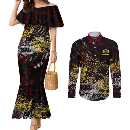 Gold Coast Suns Couples Matching Mermaid Dress and Long Sleeve Button Shirt Urban Graffiti Street Art - Bold Abstract Spray Paint
