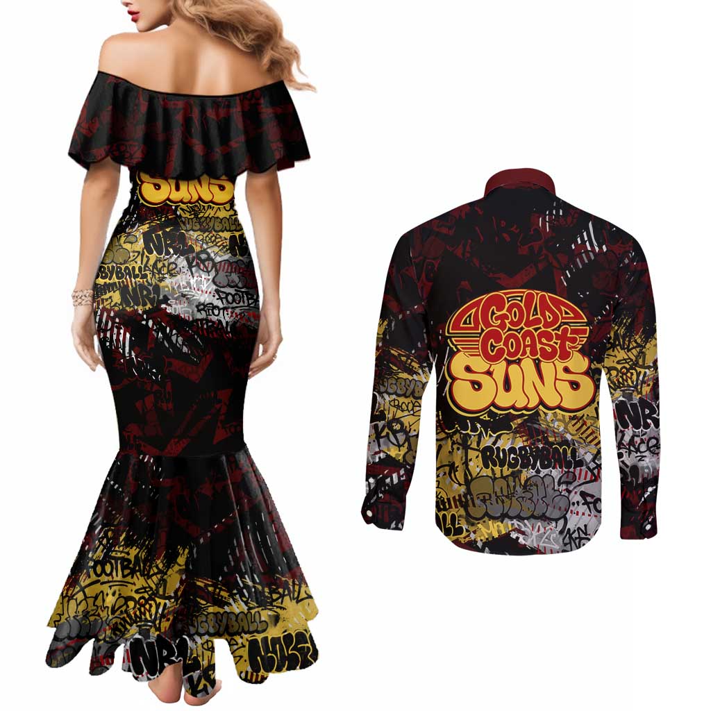 Gold Coast Suns Couples Matching Mermaid Dress and Long Sleeve Button Shirt Urban Graffiti Street Art - Bold Abstract Spray Paint
