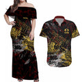 Gold Coast Suns Couples Matching Off Shoulder Maxi Dress and Hawaiian Shirt Urban Graffiti Street Art - Bold Abstract Spray Paint