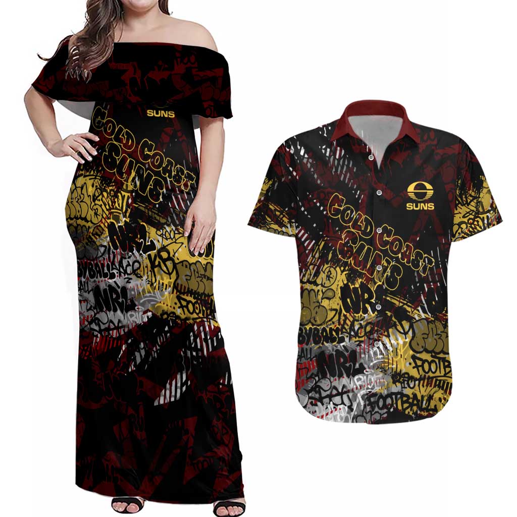 Gold Coast Suns Couples Matching Off Shoulder Maxi Dress and Hawaiian Shirt Urban Graffiti Street Art - Bold Abstract Spray Paint