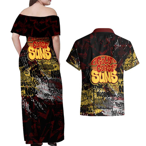 Gold Coast Suns Couples Matching Off Shoulder Maxi Dress and Hawaiian Shirt Urban Graffiti Street Art - Bold Abstract Spray Paint