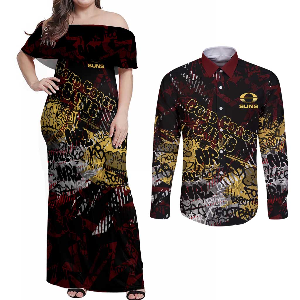 Gold Coast Suns Couples Matching Off Shoulder Maxi Dress and Long Sleeve Button Shirt Urban Graffiti Street Art - Bold Abstract Spray Paint