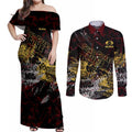 Gold Coast Suns Couples Matching Off Shoulder Maxi Dress and Long Sleeve Button Shirt Urban Graffiti Street Art - Bold Abstract Spray Paint