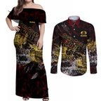 Gold Coast Suns Couples Matching Off Shoulder Maxi Dress and Long Sleeve Button Shirt Urban Graffiti Street Art - Bold Abstract Spray Paint