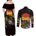 Gold Coast Suns Couples Matching Off Shoulder Maxi Dress and Long Sleeve Button Shirt Urban Graffiti Street Art - Bold Abstract Spray Paint