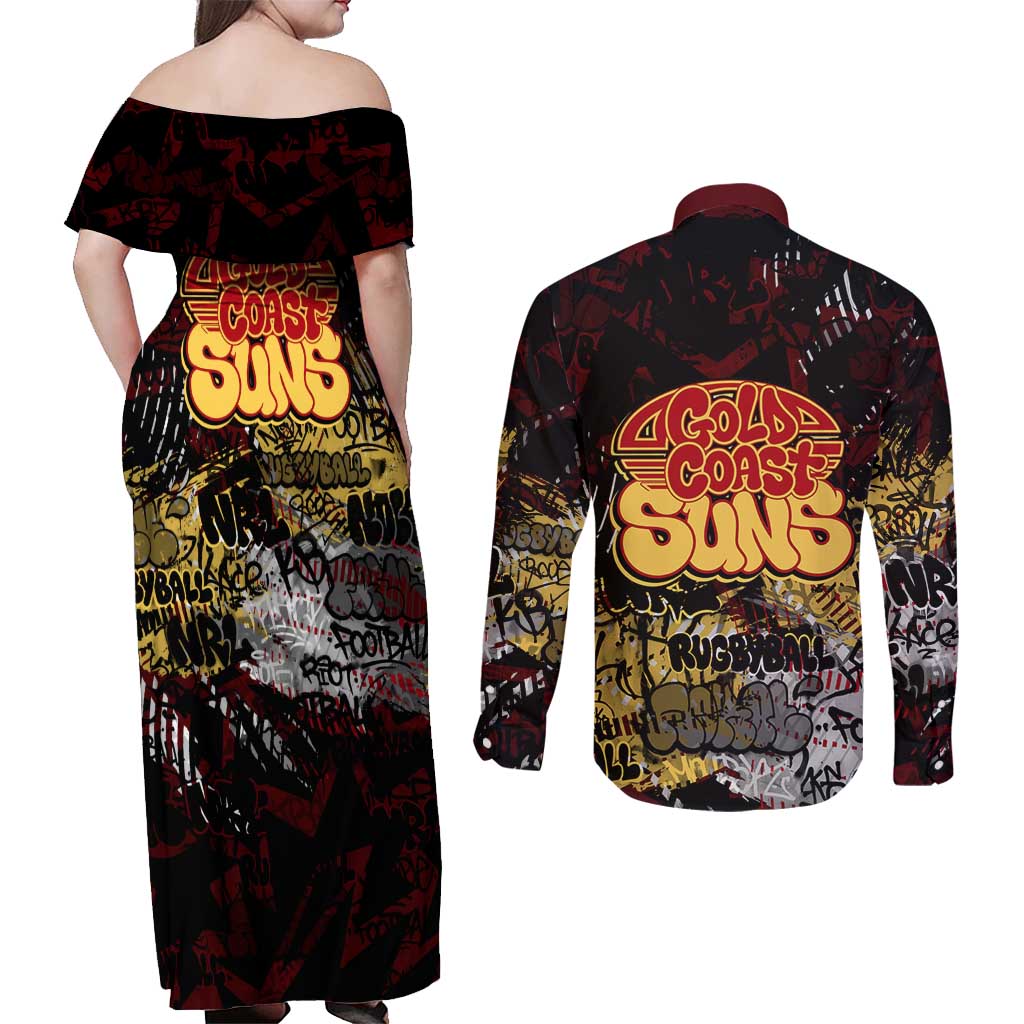 Gold Coast Suns Couples Matching Off Shoulder Maxi Dress and Long Sleeve Button Shirt Urban Graffiti Street Art - Bold Abstract Spray Paint