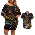 Gold Coast Suns Couples Matching Off Shoulder Short Dress and Hawaiian Shirt Urban Graffiti Street Art - Bold Abstract Spray Paint