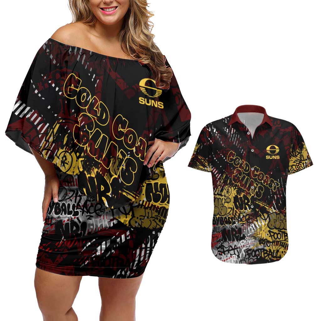 Gold Coast Suns Couples Matching Off Shoulder Short Dress and Hawaiian Shirt Urban Graffiti Street Art - Bold Abstract Spray Paint