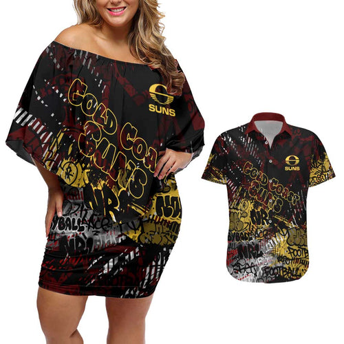 Gold Coast Suns Couples Matching Off Shoulder Short Dress and Hawaiian Shirt Urban Graffiti Street Art - Bold Abstract Spray Paint