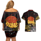 Gold Coast Suns Couples Matching Off Shoulder Short Dress and Hawaiian Shirt Urban Graffiti Street Art - Bold Abstract Spray Paint