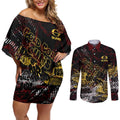 Gold Coast Suns Couples Matching Off Shoulder Short Dress and Long Sleeve Button Shirt Urban Graffiti Street Art - Bold Abstract Spray Paint