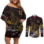 Gold Coast Suns Couples Matching Off Shoulder Short Dress and Long Sleeve Button Shirt Urban Graffiti Street Art - Bold Abstract Spray Paint