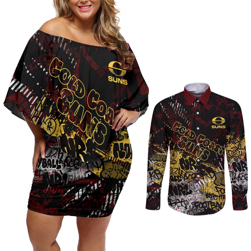Gold Coast Suns Couples Matching Off Shoulder Short Dress and Long Sleeve Button Shirt Urban Graffiti Street Art - Bold Abstract Spray Paint