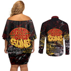 Gold Coast Suns Couples Matching Off Shoulder Short Dress and Long Sleeve Button Shirt Urban Graffiti Street Art - Bold Abstract Spray Paint