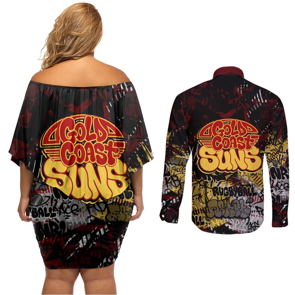 Gold Coast Suns Couples Matching Off Shoulder Short Dress and Long Sleeve Button Shirt Urban Graffiti Street Art - Bold Abstract Spray Paint