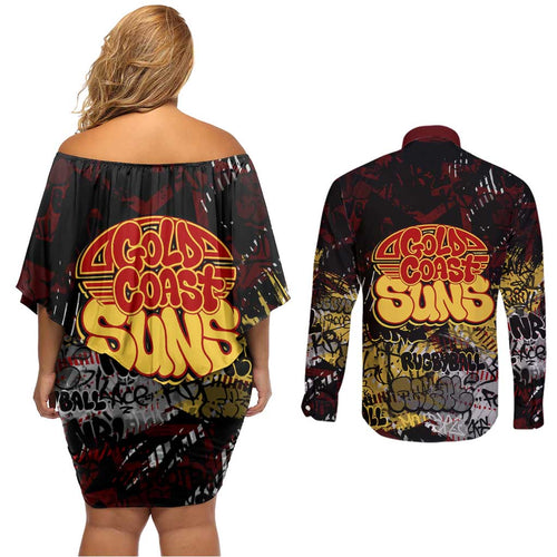 Gold Coast Suns Couples Matching Off Shoulder Short Dress and Long Sleeve Button Shirt Urban Graffiti Street Art - Bold Abstract Spray Paint