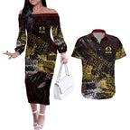 Gold Coast Suns Couples Matching Off The Shoulder Long Sleeve Dress and Hawaiian Shirt Urban Graffiti Street Art - Bold Abstract Spray Paint