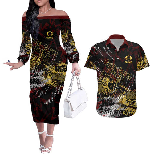 Gold Coast Suns Couples Matching Off The Shoulder Long Sleeve Dress and Hawaiian Shirt Urban Graffiti Street Art - Bold Abstract Spray Paint