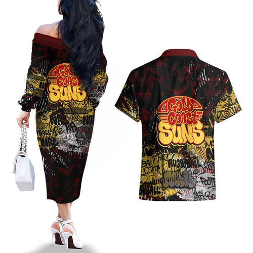 Gold Coast Suns Couples Matching Off The Shoulder Long Sleeve Dress and Hawaiian Shirt Urban Graffiti Street Art - Bold Abstract Spray Paint