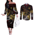 Gold Coast Suns Couples Matching Off The Shoulder Long Sleeve Dress and Long Sleeve Button Shirt Urban Graffiti Street Art - Bold Abstract Spray Paint