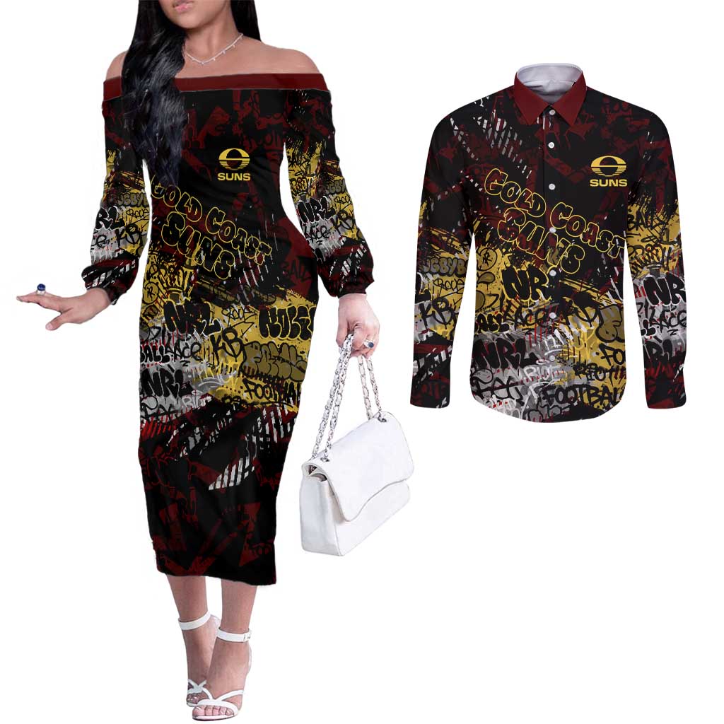 Gold Coast Suns Couples Matching Off The Shoulder Long Sleeve Dress and Long Sleeve Button Shirt Urban Graffiti Street Art - Bold Abstract Spray Paint