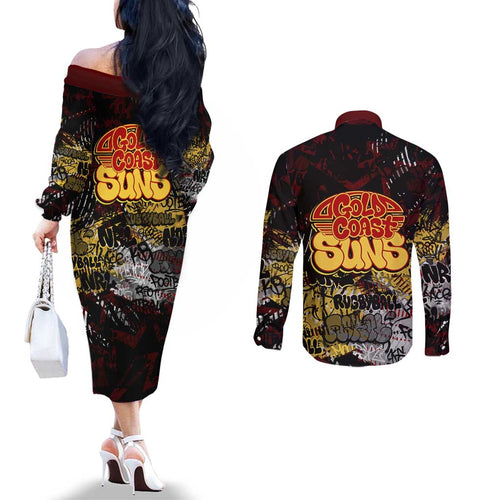 Gold Coast Suns Couples Matching Off The Shoulder Long Sleeve Dress and Long Sleeve Button Shirt Urban Graffiti Street Art - Bold Abstract Spray Paint
