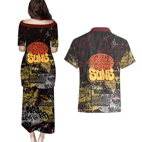 Gold Coast Suns Couples Matching Puletasi and Hawaiian Shirt Urban Graffiti Street Art - Bold Abstract Spray Paint