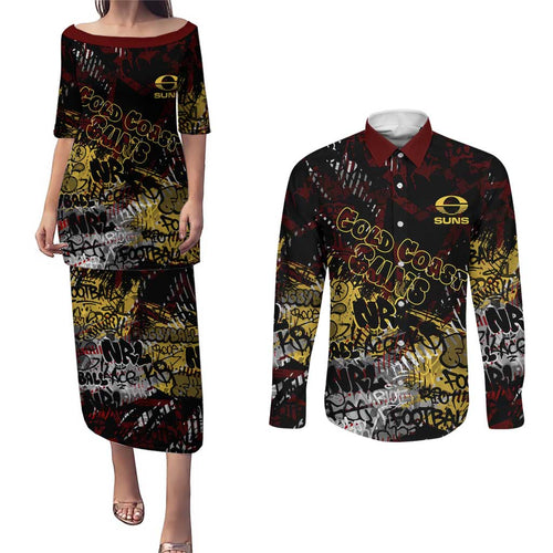 Gold Coast Suns Couples Matching Puletasi and Long Sleeve Button Shirt Urban Graffiti Street Art - Bold Abstract Spray Paint