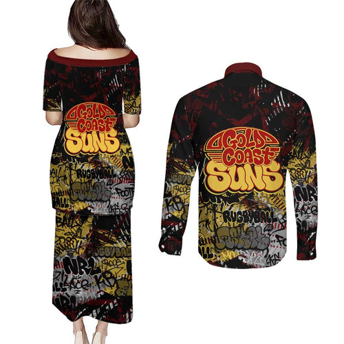Gold Coast Suns Couples Matching Puletasi and Long Sleeve Button Shirt Urban Graffiti Street Art - Bold Abstract Spray Paint