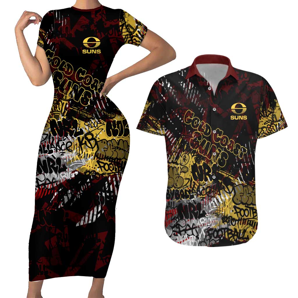Gold Coast Suns Couples Matching Short Sleeve Bodycon Dress and Hawaiian Shirt Urban Graffiti Street Art - Bold Abstract Spray Paint